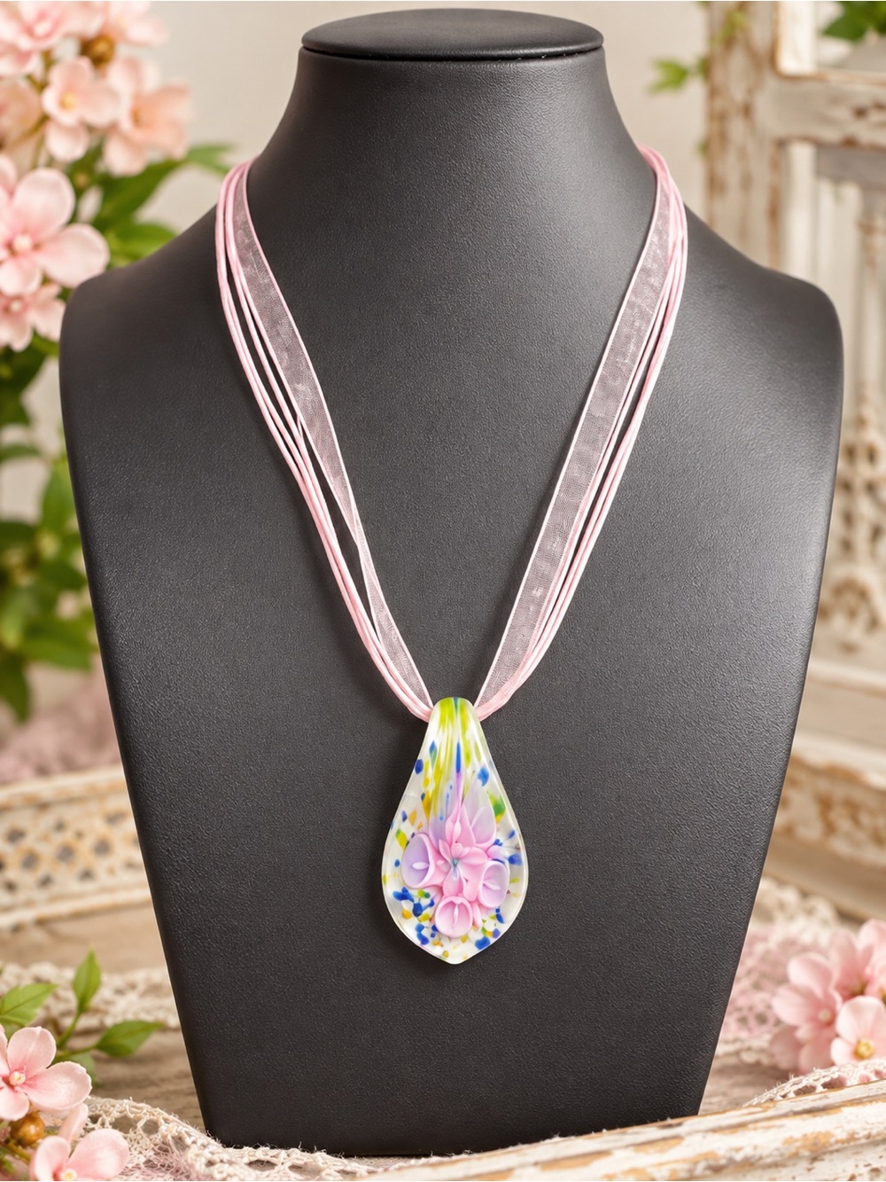 Floral Glass Pendant Necklace Murano Style Hand Blown